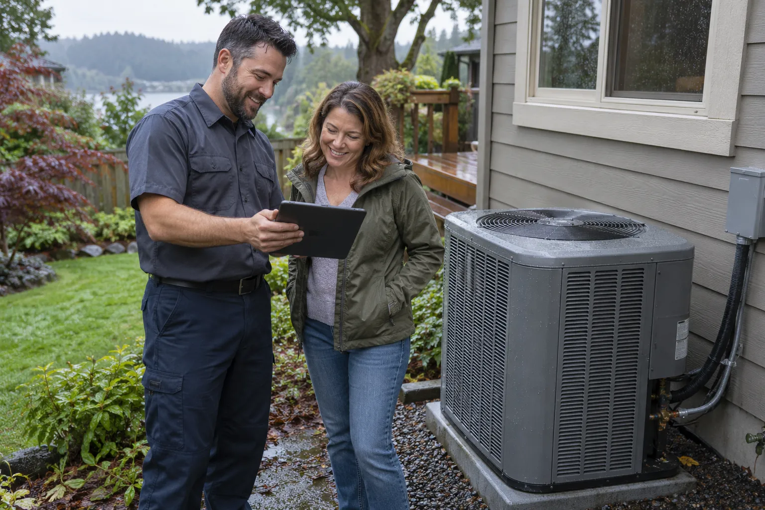 A friendly local provider and a homeowner talking beside a new outdoor AC unit in Seattle