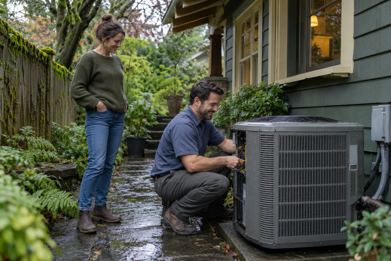 A friendly local AC provider checking an outdoor air conditioner beside a wood-frame home in Seattle