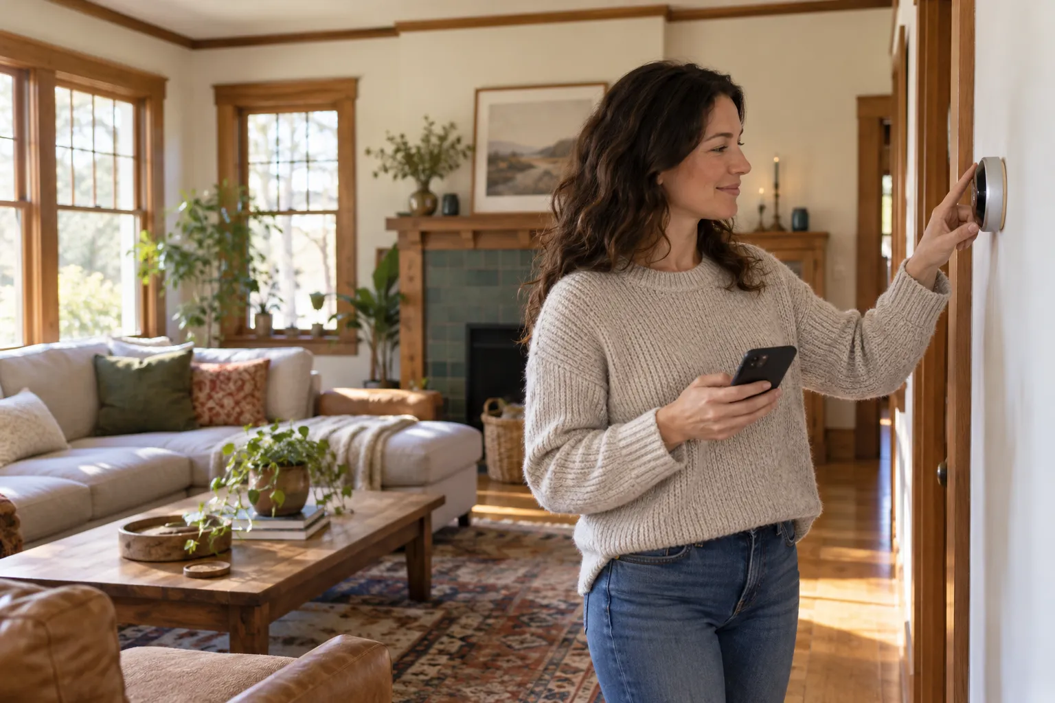 A homeowner checking a thermostat before calling a local AC provider in the Seattle area